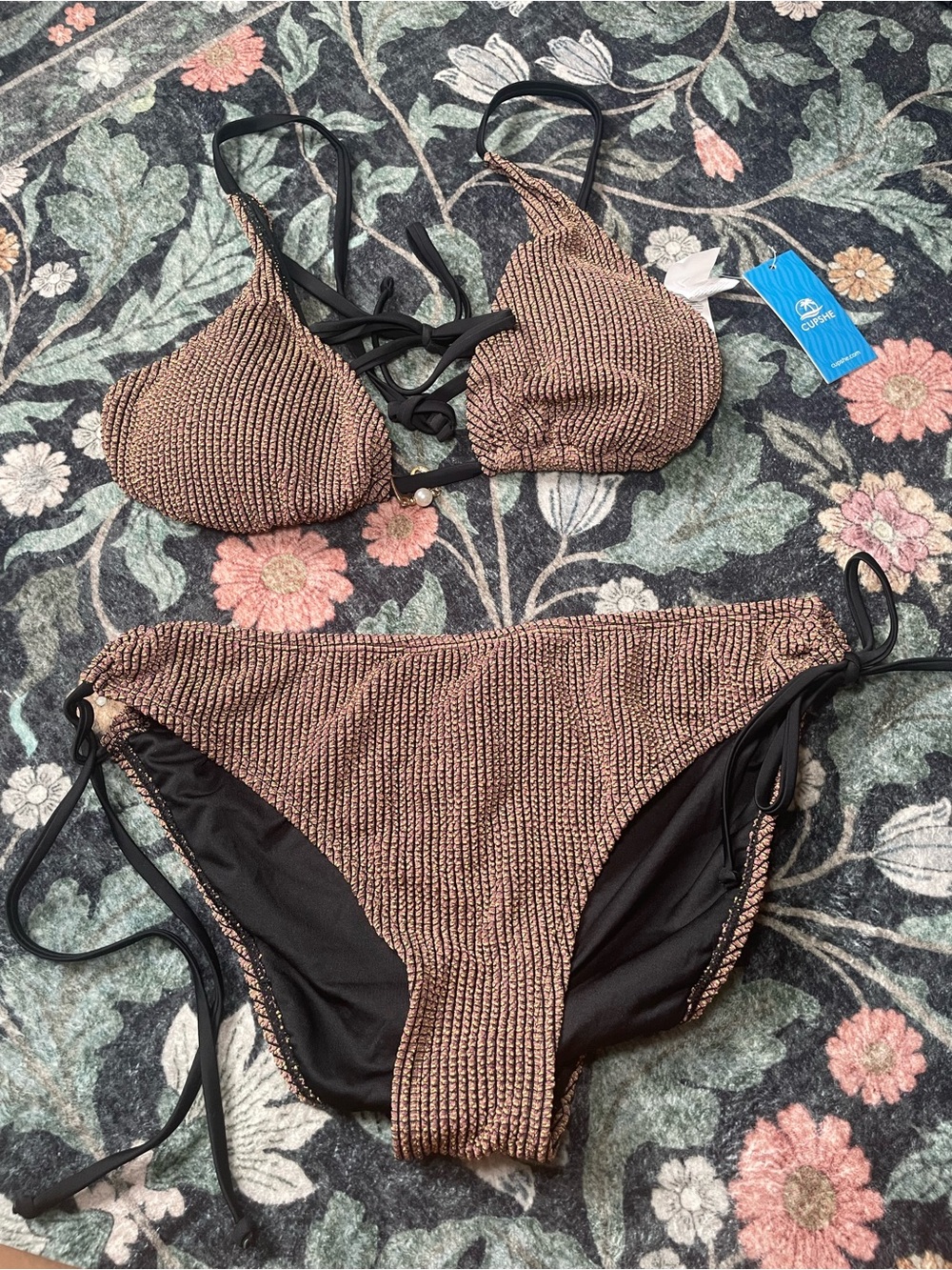 NWT Cupshe Bikini Set L Pink Gold Metallic Textured Tie Side Shell Charm